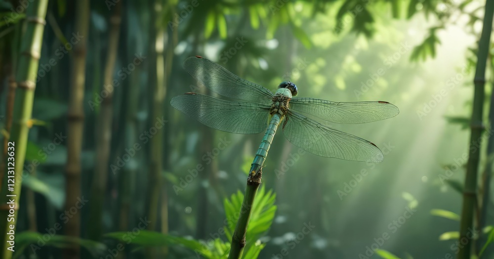 A vibrant green dragonfly perched atop a sturdy bamboo stick in a lush tropical environment, dragonfly, bamboo, tropical A vibrant green dragonfly perched atop a sturdy bamboo stick in a lush tropical environment, dragonfly, bamboo, tropical