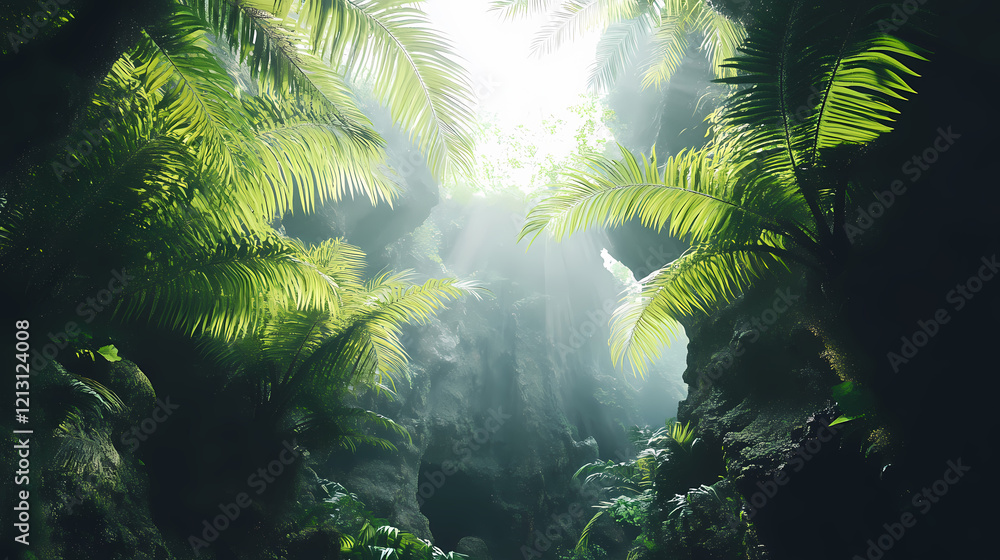 Naklejka premium Tropical jungle. Tropical Canyon. Illustration