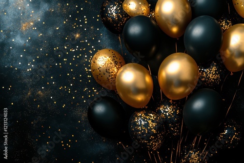 Elegant black and gold balloons adorned with confetti for a festive celebration