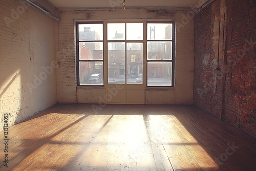 Sunlit Empty Room With Brick Walls and Large Window