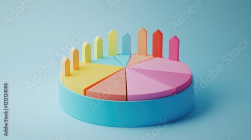 Colorful 3D pie chart with varying size sections and matching marker pieces
