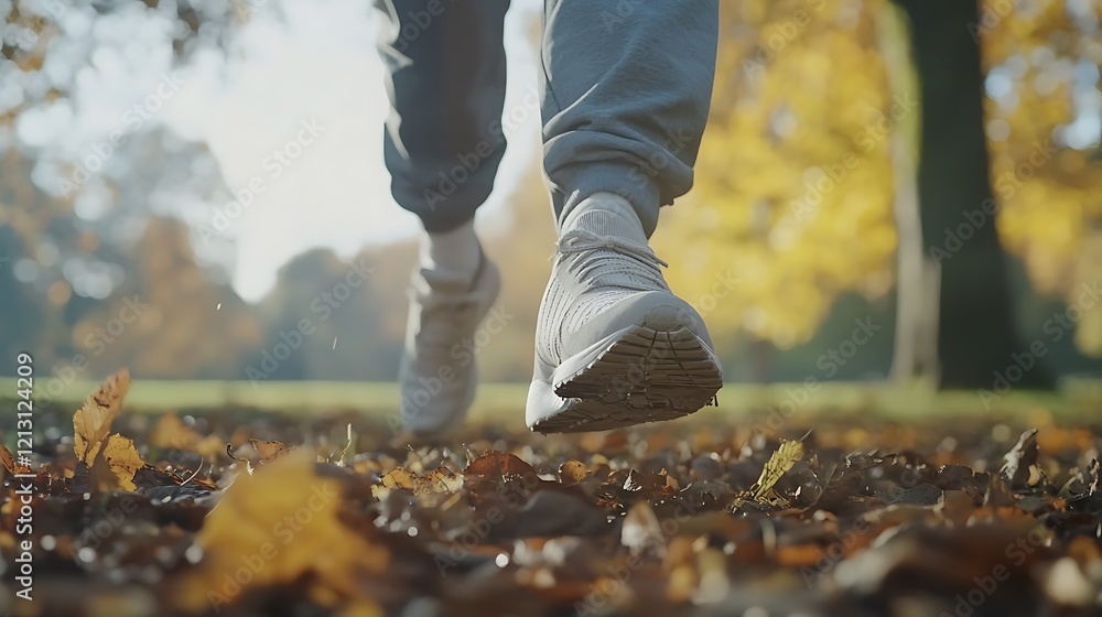 Person jogging through autumn leaves in a park Person jogging through autumn leaves in a park
