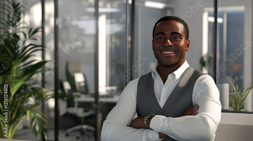 Smiling man with straight light blonde hair, wearing a black cardigan over a white shir photo