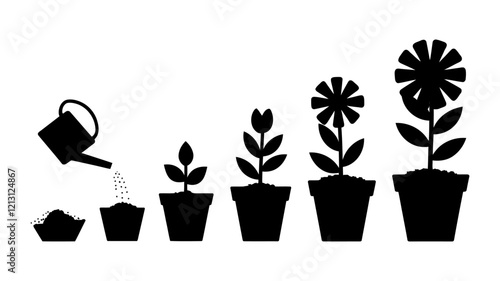 Growth Stages of a Plant in Pots Vector - Watering Process to Full Bloom Illustration photo