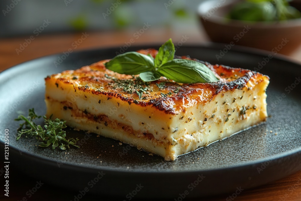 homemade lasagna generously topped with fresh basil beautifully plated against a dark blue background providing an elegant and inviting presentation with ample copy space homemade lasagna generously topped with fresh basil beautifully plated against a dark blue background providing an elegant and inviting presentation with ample copy space