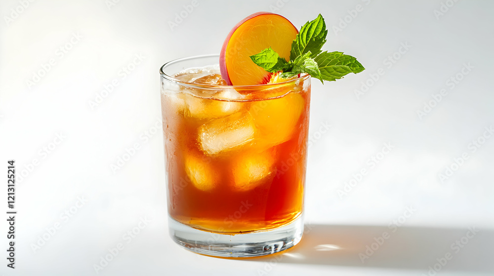 A refreshing glass of peach iced tea garnished with a peach slice and mint, placed on a clean white background A refreshing glass of peach iced tea garnished with a peach slice and mint, placed on a clean white background