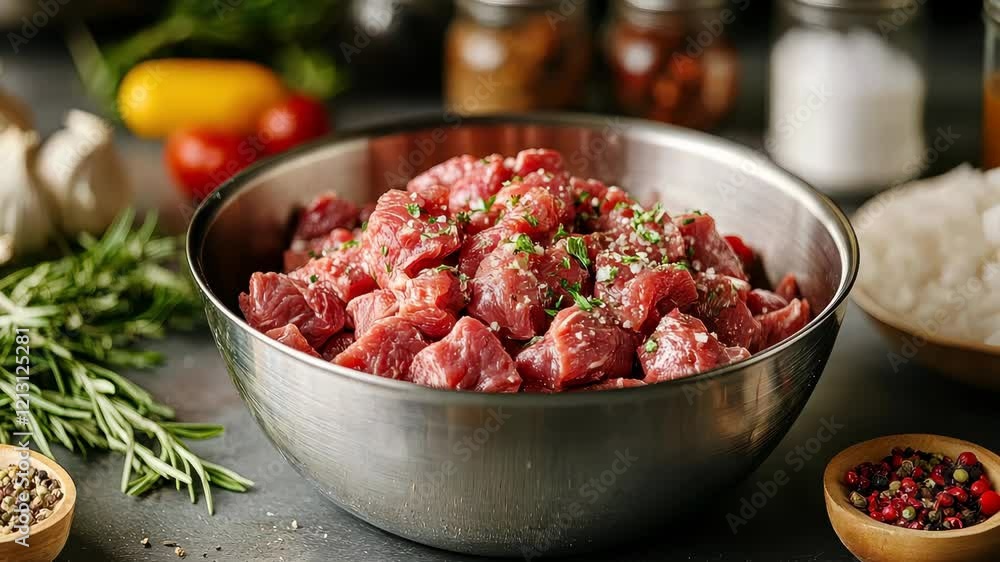 Fresh herbs and spices enhance raw beef preparation in culinary kitchen setting Fresh herbs and spices enhance raw beef preparation in culinary kitchen setting