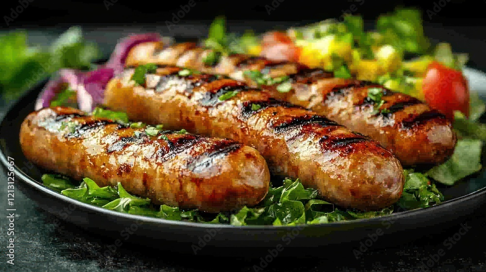 Grilled sausages, salad, dark background, food photography Grilled sausages, salad, dark background, food photography