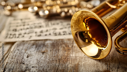 One trumpet on wooden table, closeup. Musical instrument photo