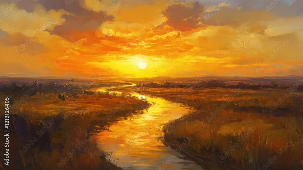Fototapeta premium Golden Hour River Landscape Painting Featuring a Winding Waterway and a Vivid Sunset