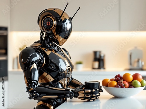 Robot in kitchen with apples. photo