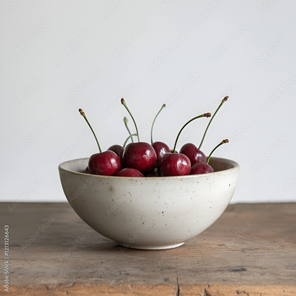 Fresh cherries in a rustic bowl. A simple, summery still life. Fresh cherries in a rustic bowl. A simple, summery still life.
