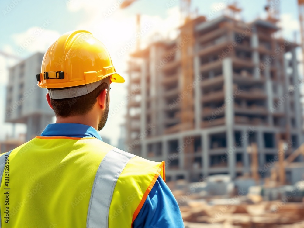 A construction worker in a high-visibility vest and helmet overseeing a building site. A construction worker in a high-visibility vest and helmet overseeing a building site.