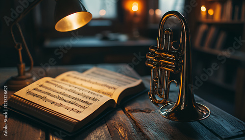 One trumpet on wooden table, closeup. Musical instrument photo