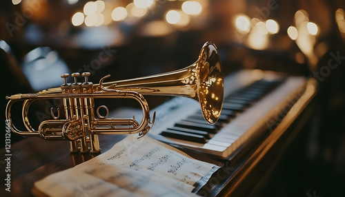 One trumpet on wooden table, closeup. Musical instrument photo