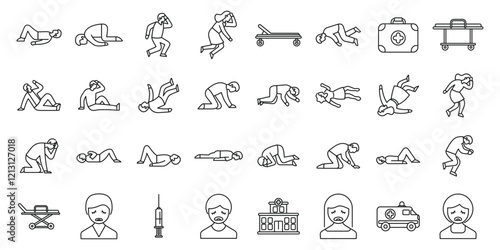 Fainting icons set. Line art icons represent people experiencing medical emergencies, calling for help, lying injured, and receiving medical care