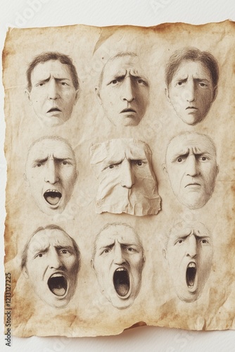 Wallpaper Mural Antique paper with multiple facial expressions drawn in pencil art style Torontodigital.ca