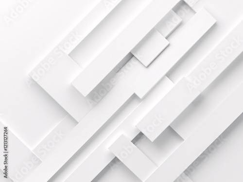 Abstract geometric design with intersecting white lines and shapes on a clean  minimalist background.