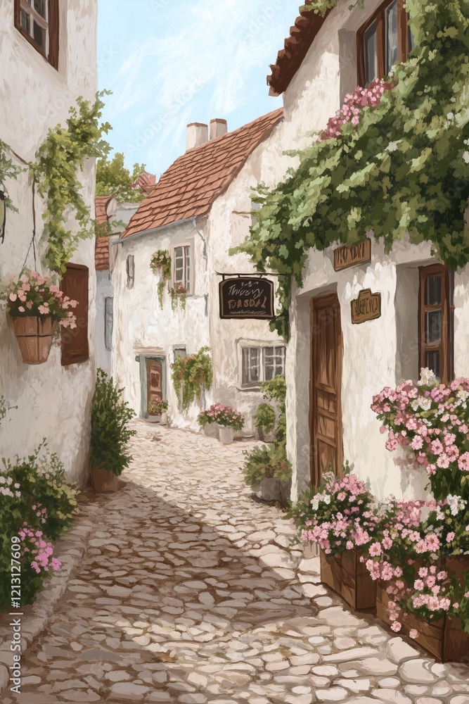 Charming cobblestone alley in quaint village with whitewashed houses and lush greenery Charming cobblestone alley in quaint village with whitewashed houses and lush greenery