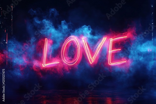 A vibrant neon sign spelling Love surrounded by colorful smoke.