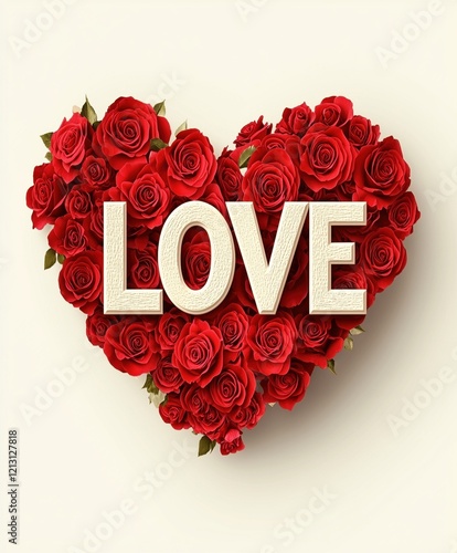 A heart-shaped arrangement of red roses with the word LOVE in the center.