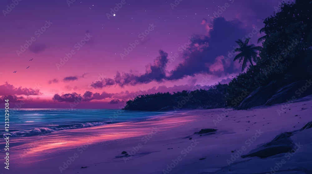 A serene beach landscape under a twilight sky with pink and purple hues and a few stars A serene beach landscape under a twilight sky with pink and purple hues and a few stars
