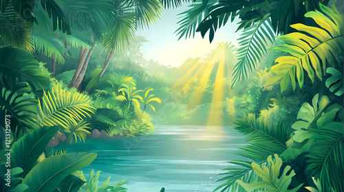 Lush tropical jungle scene with calm river, sunlight filtering through leaves, abundant vegetation. Tropical Canyon. Illustration photo