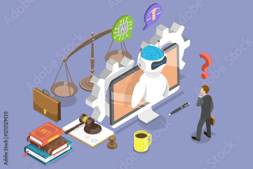 3D Isometric Flat Vector Illustration of Online Legal Advice, Artificial Intelligence Technology