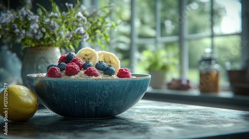 Healthy Oatmeal Breakfast, Kitchen Window, Berries, Banana photo