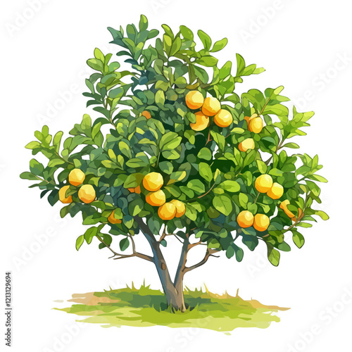 Calamansi Tree with Fruit – Lush Watercolor Vector Illustration, Citrus Tree Design, Nature-Inspired Artwork, Vibrant Calamansi Tree with Ripe Fruits Vector.  
