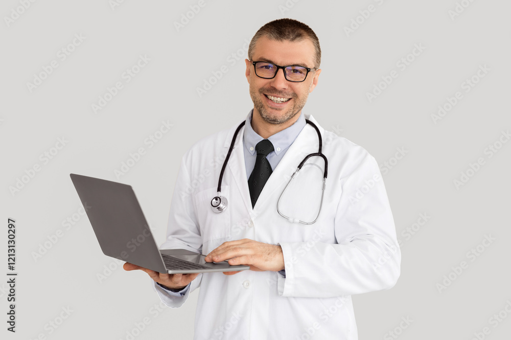 Online Consultation Service Concept. Portrait Of Smiling Confident Doctor In Glasses Using Laptop, Standing Isolated On White Studio Background, Copy Space. Physician wearing coat and stethoscope Online Consultation Service Concept. Portrait Of Smiling Confident Doctor In Glasses Using Laptop, Standing Isolated On White Studio Background, Copy Space. Physician wearing coat and stethoscope