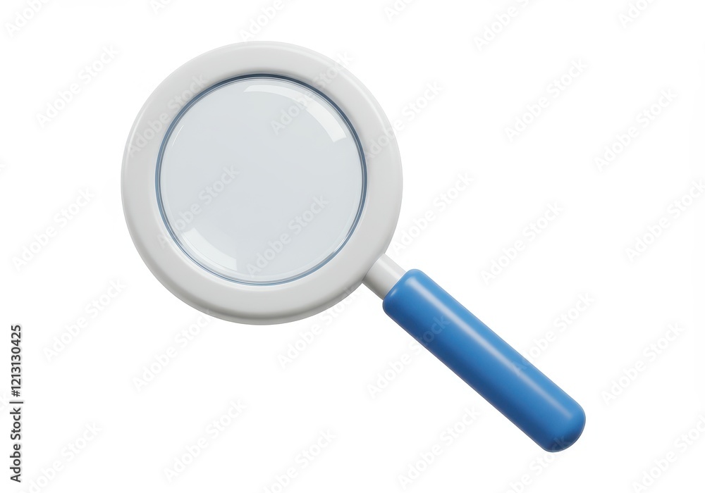 A 3D-rendered magnifying glass with a white circular frame, a clear glass lens, and a glossy blue handle isolated on white background A 3D-rendered magnifying glass with a white circular frame, a clear glass lens, and a glossy blue handle isolated on white background