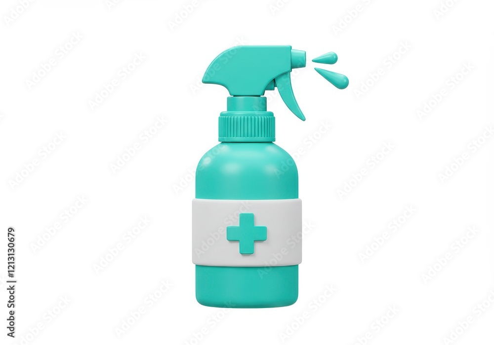A 3D rendered turquoise spray bottle with a white band featuring a green medical cross isolated on white background A 3D rendered turquoise spray bottle with a white band featuring a green medical cross isolated on white background