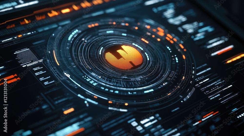 Futuristic Technology Interface with Data Visualization and Circular Elements 3D Render Futuristic Technology Interface with Data Visualization and Circular Elements 3D Render