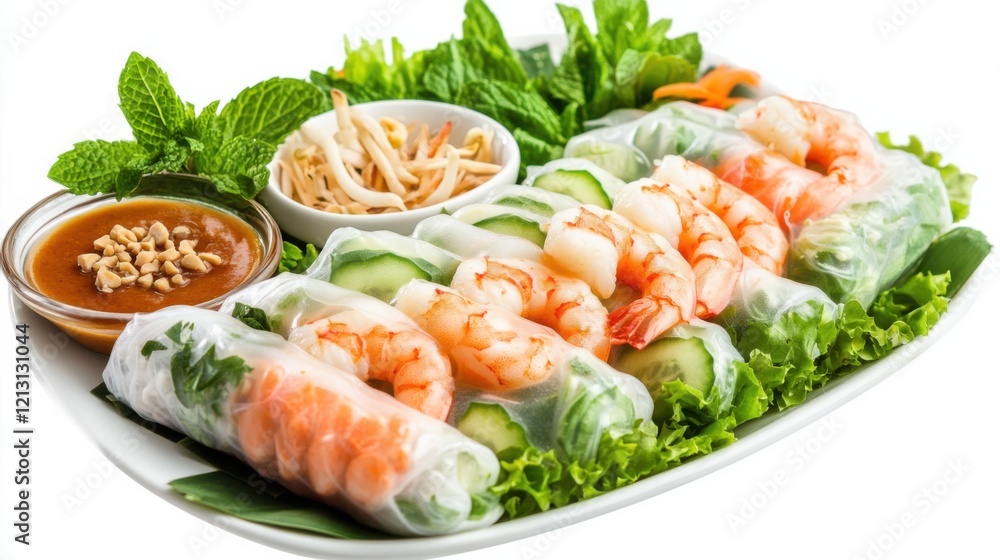 A platter of colorful Vietnamese summer rolls with rice paper, shrimp, vermicelli noodles A platter of colorful Vietnamese summer rolls with rice paper, shrimp, vermicelli noodles