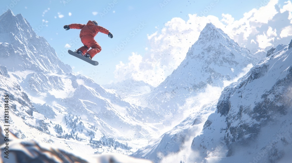 A snowboarder in a bright orange suit leaps into the air above stunning mountain ranges blanketed in snow. The sun shines down, creating a beautiful backdrop A snowboarder in a bright orange suit leaps into the air above stunning mountain ranges blanketed in snow. The sun shines down, creating a beautiful backdrop