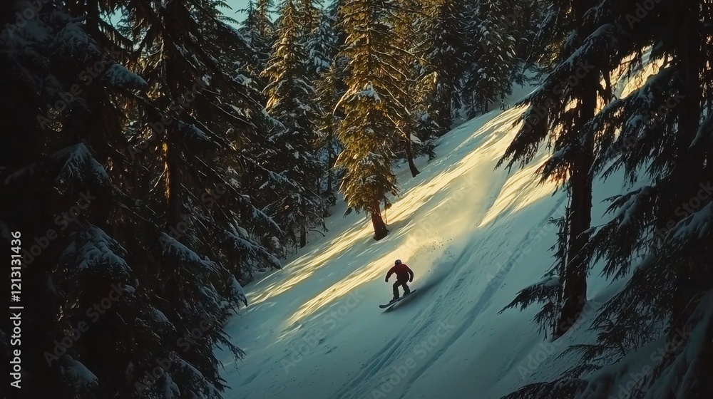 A snowboarder skillfully navigates a snow-covered slope, surrounded by majestic evergreen trees. The sunlight filters through the branches, creating a serene winter atmosphere A snowboarder skillfully navigates a snow-covered slope, surrounded by majestic evergreen trees. The sunlight filters through the branches, creating a serene winter atmosphere