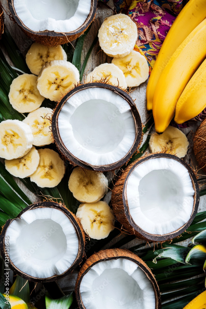 Freshly cut pineapples, halved coconuts, and ripe bananas displayed under natural sunlight, showcasing local Thai tropical fruits. A vibrant scene of authentic and exotic produce from Thailand Freshly cut pineapples, halved coconuts, and ripe bananas displayed under natural sunlight, showcasing local Thai tropical fruits. A vibrant scene of authentic and exotic produce from Thailand