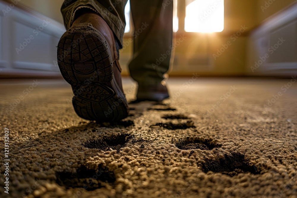 Person Walking With Muddy Footprints on Home Carpet viewed from Below Person Walking With Muddy Footprints on Home Carpet viewed from Below