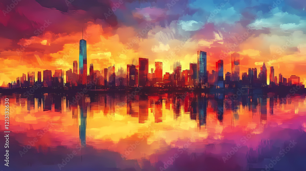 Stunning skyline reflection at sunset with vibrant colors. Vibrant Horizon. Illustration Stunning skyline reflection at sunset with vibrant colors. Vibrant Horizon. Illustration