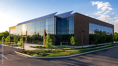 Modern Office Building with Solar Panels at Sunset