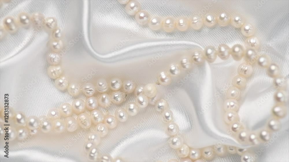 Pearl necklace over white silk background, close up. Beautiful Natural pearls beads, elegant accessories. Wedding concept, Valentine's Day Gift. Top view, rotating Pearl necklace over white silk background, close up. Beautiful Natural pearls beads, elegant accessories. Wedding concept, Valentine's Day Gift. Top view, rotating