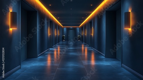 dimly lit hallway with warm  glowing lights along the walls