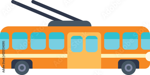 Orange trolleybus with its pantographs deployed is ready to transport people in an urban environment