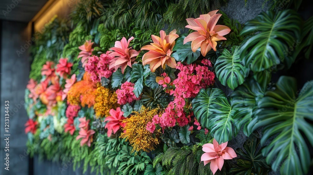 living wall installation featuring diverse tropical plants creating a lush vertical garden with integrated irrigation system living wall installation featuring diverse tropical plants creating a lush vertical garden with integrated irrigation system