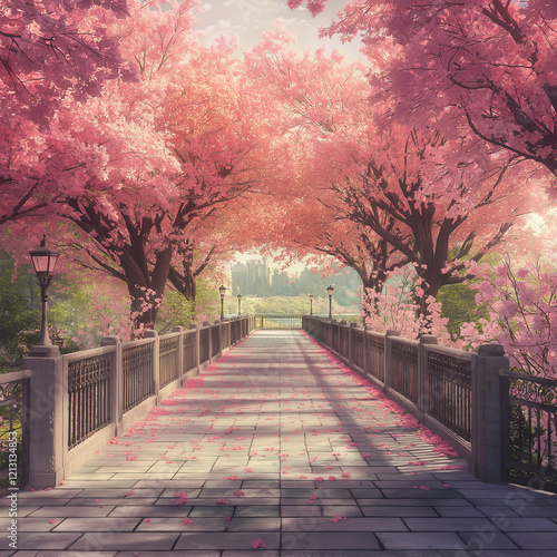 Picturesque Path with Cherry Blossoms Leading to a Serene Urban View