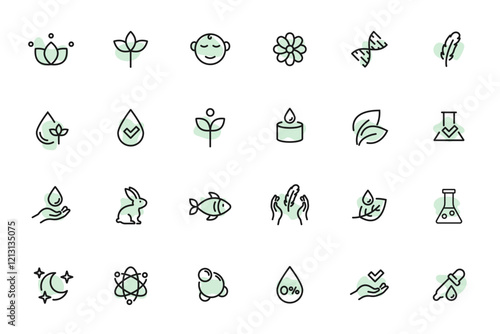 Organic Cosmetic Line Icon Set, natural product, cruelty free, skincare, sustainable, sensitive skin, hypoallergenic, gmo free, biodegradable. Editable Stroke.