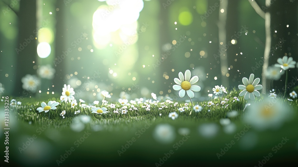 Obraz premium Sunlit daisies in a magical forest; nature background for websites
