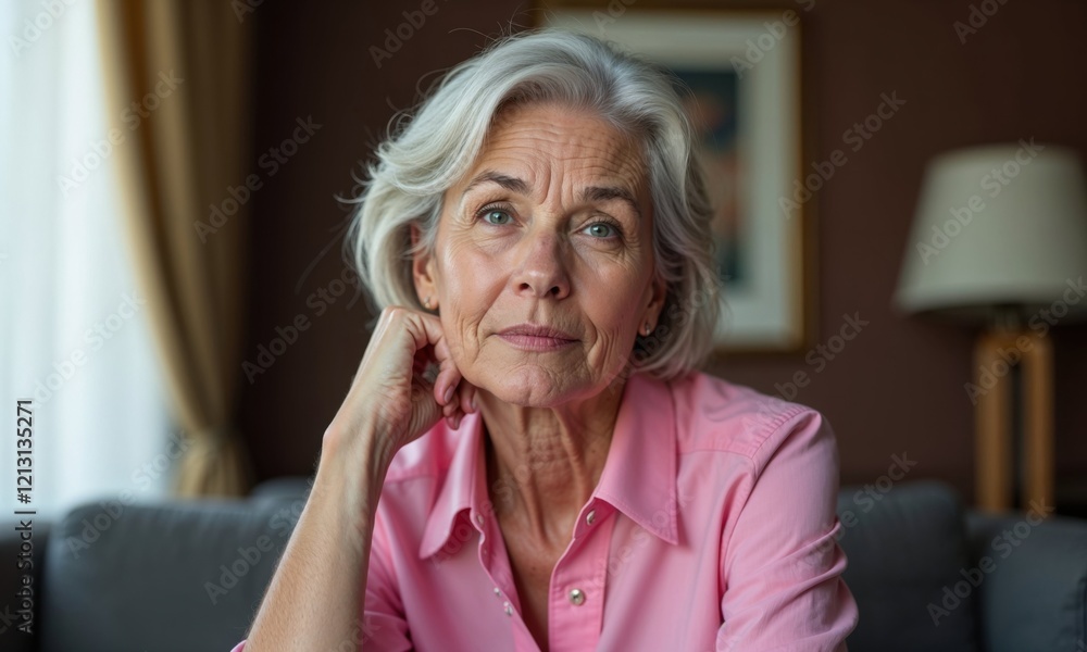 Thoughtful senior woman in a pink shirt sitting in a cozy living room, exuding wisdom and serenity, perfect for themes of aging gracefully, reflection, and home lifestyle Thoughtful senior woman in a pink shirt sitting in a cozy living room, exuding wisdom and serenity, perfect for themes of aging gracefully, reflection, and home lifestyle