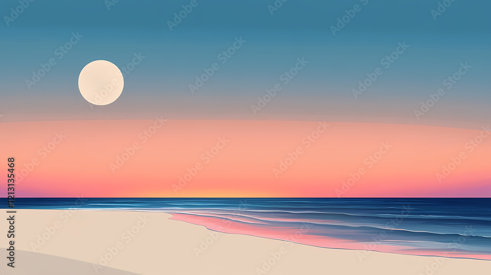 a beach scene with a vibrant sunset fading into a moonlit ocean horizon. Vibrant Horizon. Illustration a beach scene with a vibrant sunset fading into a moonlit ocean horizon. Vibrant Horizon. Illustration